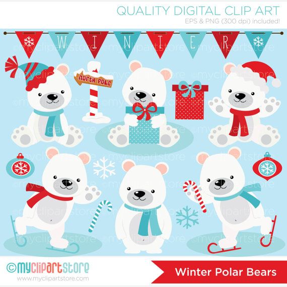 Polar Bears clipart, Christmas bears, north Pole, winter bears.