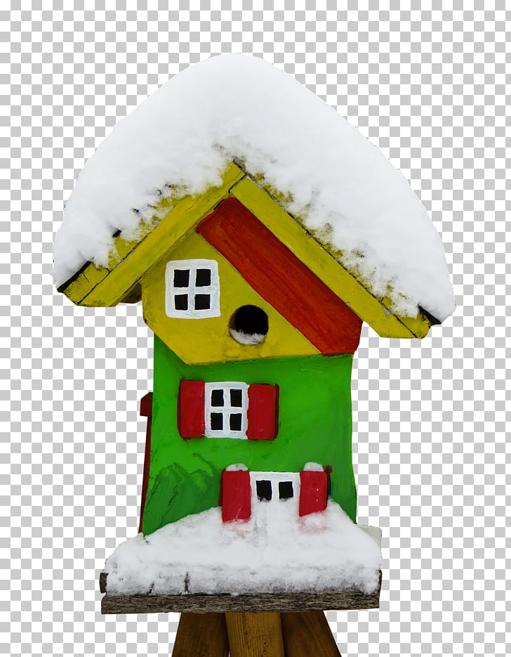 Winter Bird Feeder, green, red, and yellow wooden birdhouse.
