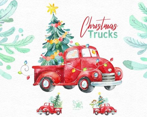 Christmas Truck. Watercolor holiday clipart, snowman, winter.