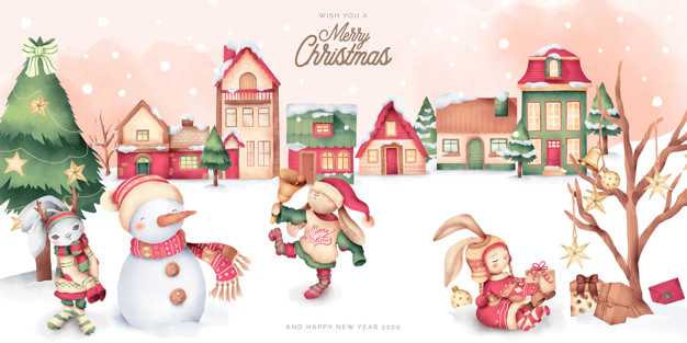 Cute christmas scene with winter town and characters Vector.