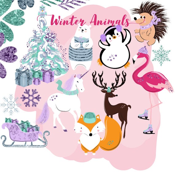 Animals clipart, animal clip art, winter forest png, woodland.