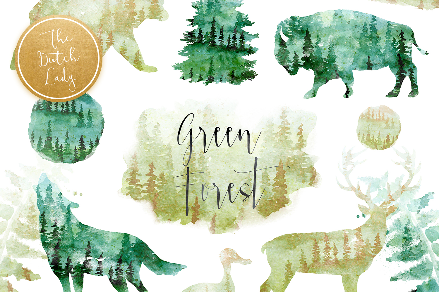 Green Winter Forest Animal Clipart.