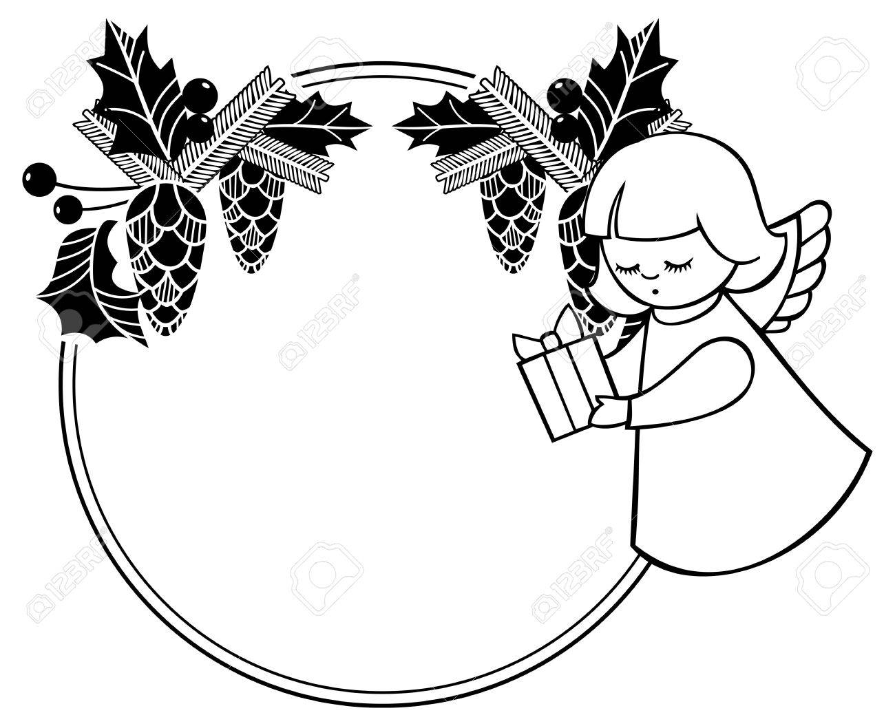 Black and white rouen Christmas frame with cute angels. Copy...