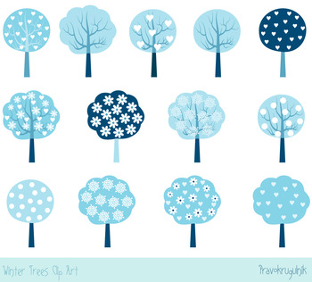 Winter trees clipart set, Blue holiday trees clip art, Seasonal tree images.