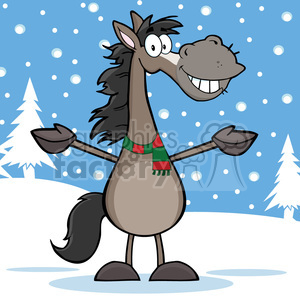 Smiling Gray Horse Cartoon Mascot Character Over Winter Landscape clipart.  Royalty.