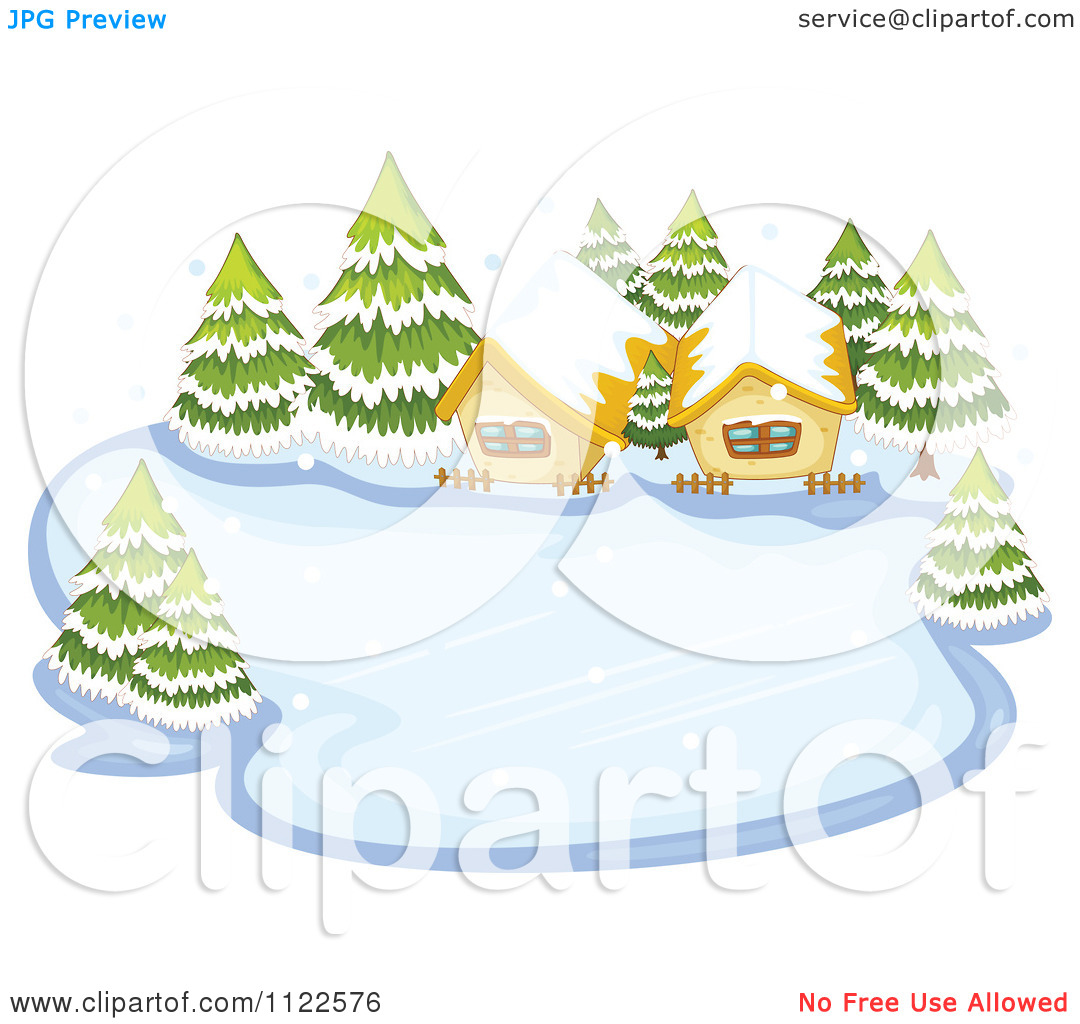 Cartoon Of Two Cabins On A Frozen Winter Lake.
