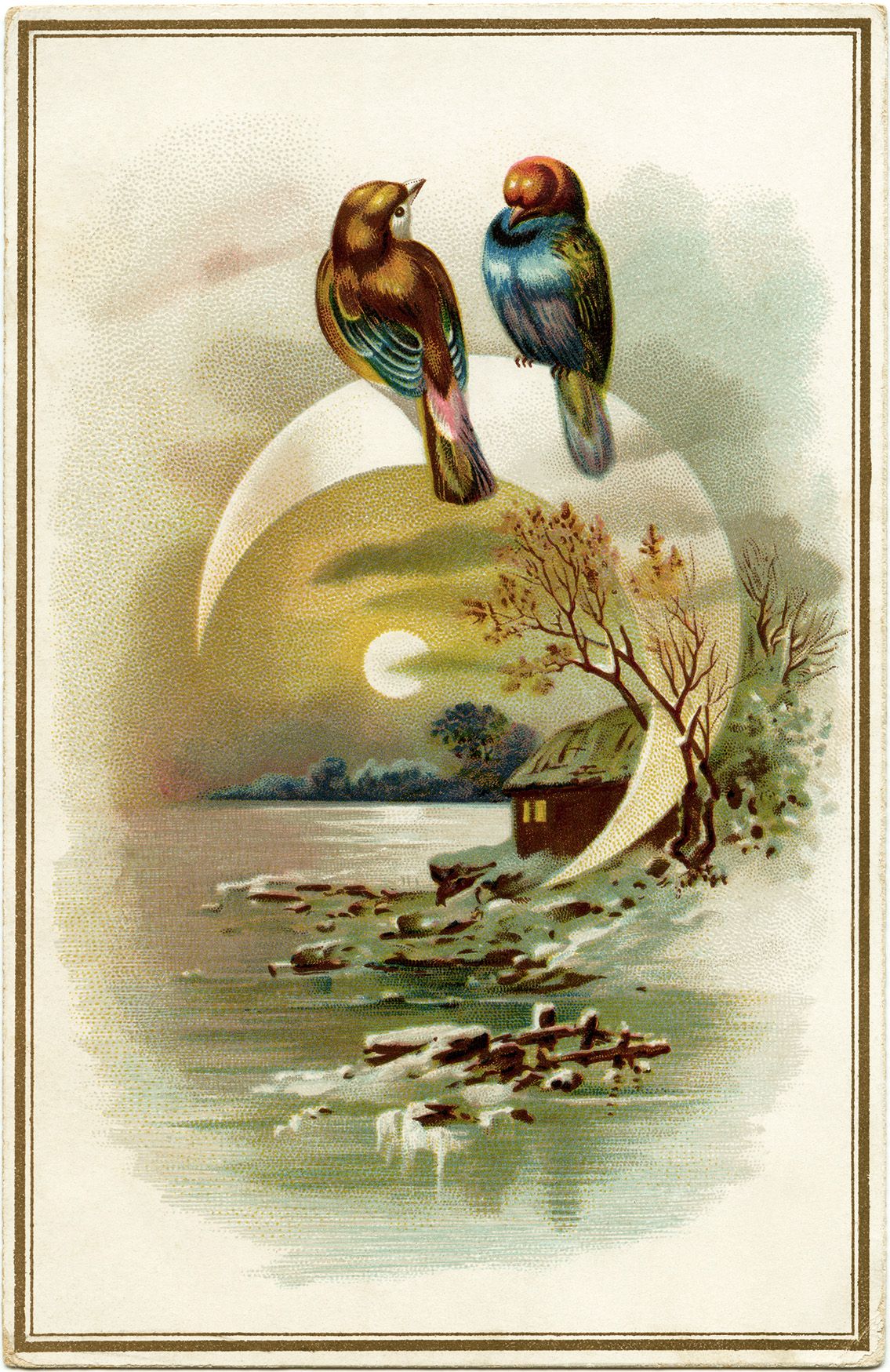 Victorian card, vintage bird clip art, winter evening scene.
