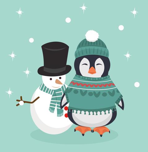 Penguin in winter clothes with Snowman.