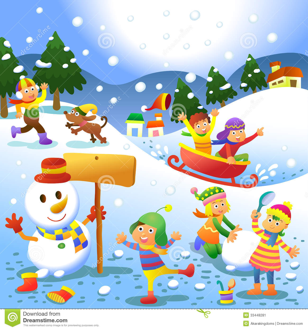 Cute Kids Playing Winter Games Stock Vector.