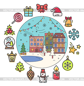 Christmas Icons and Winter Street with Buildings.