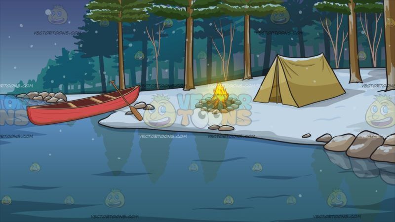 Winter Camping Site Background: A riverside with snowy.