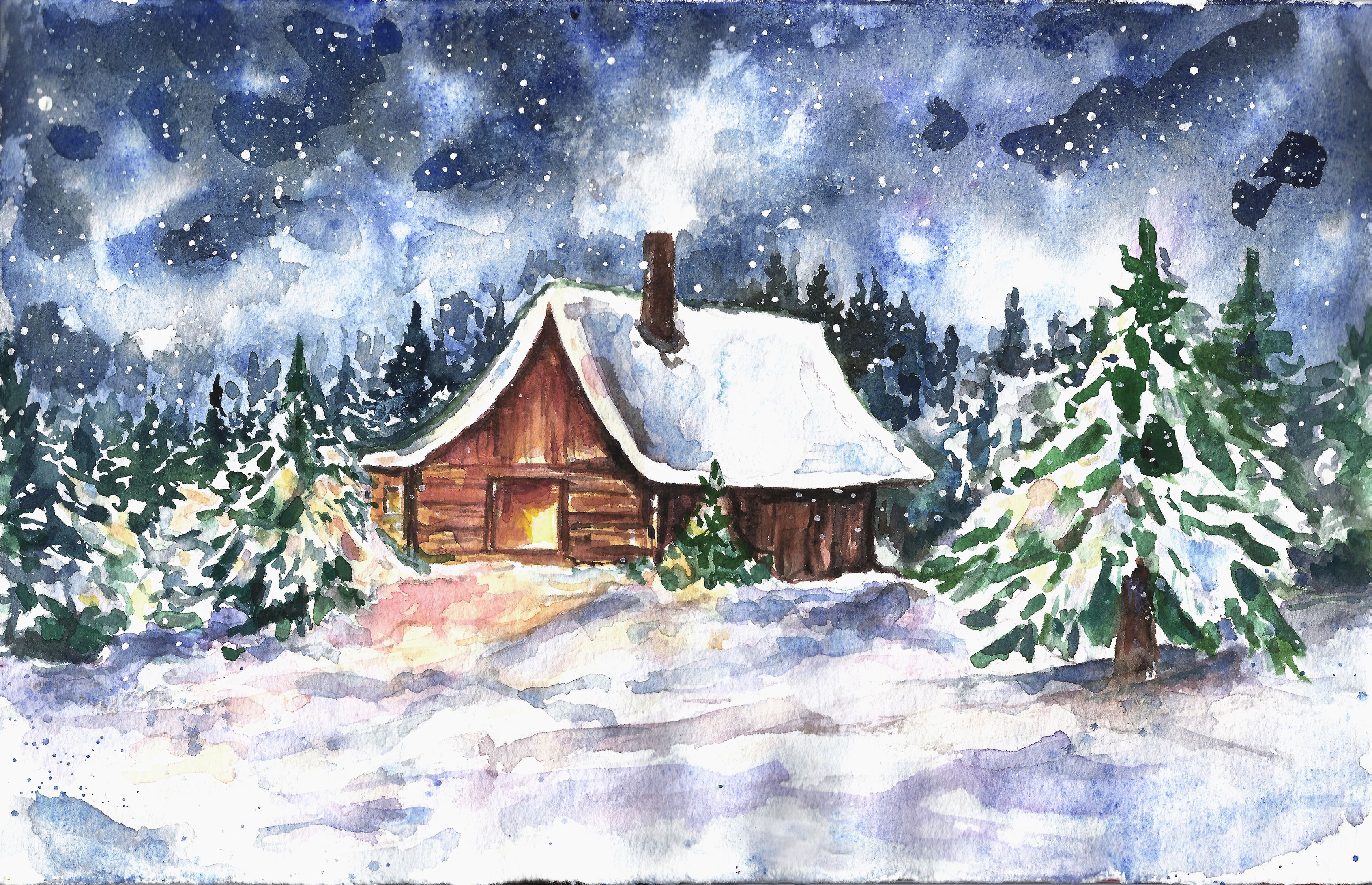 Watercolor Winter Wonderland Snow House Art print Christmas.