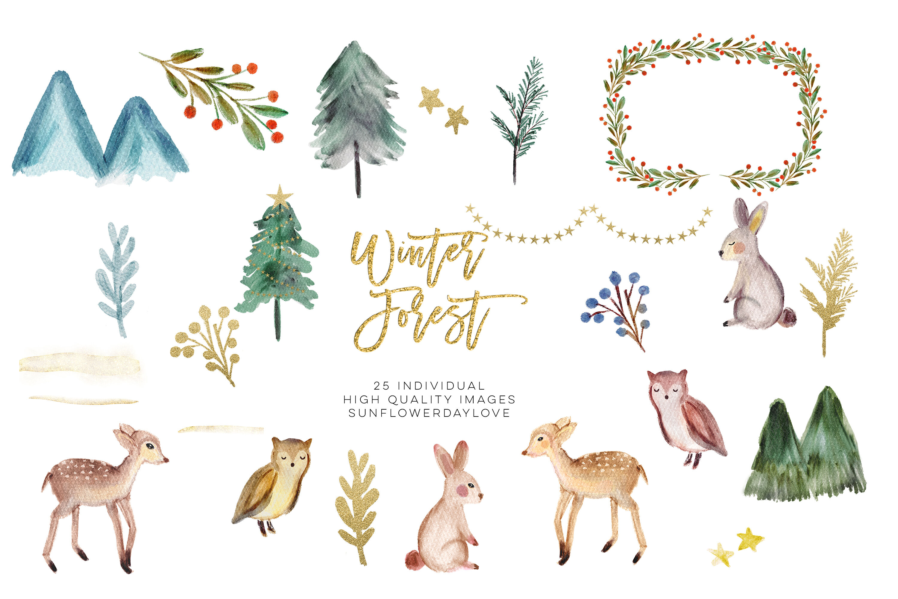 Winter Woodland Animals Clipart, Watercolor Pine Trees.