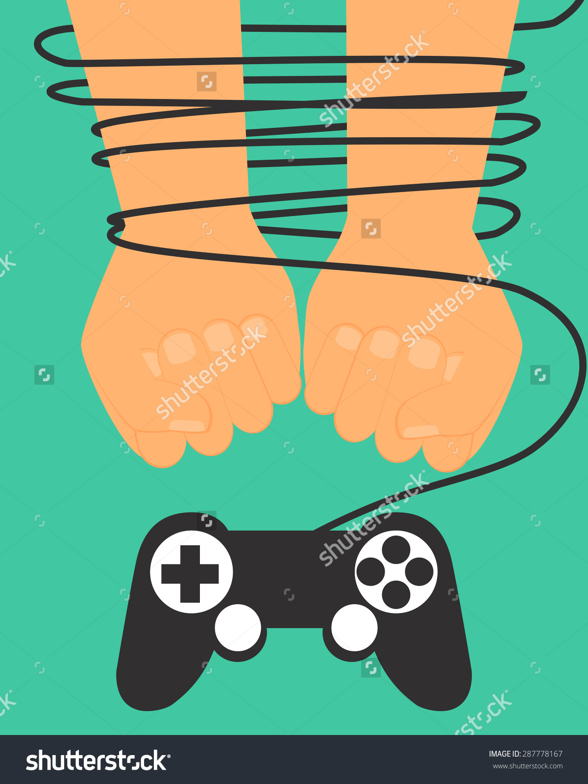 Game Dependence Concept. Hands Tied By Wire Game Controller.