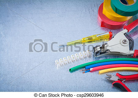 Stock Photo of Block clamp nippers strippers insulation tape wire.