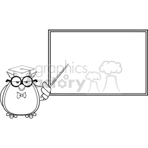 Royalty Free RF Clipart Illustration Black And White Wise Owl Teacher  Cartoon Mascot Character In Front Of School Chalk Board clipart.  Royalty.