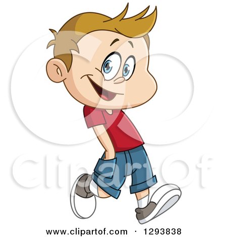 Clipart of a Casual Happy Dirty Blond White Boy Walking Wit His.
