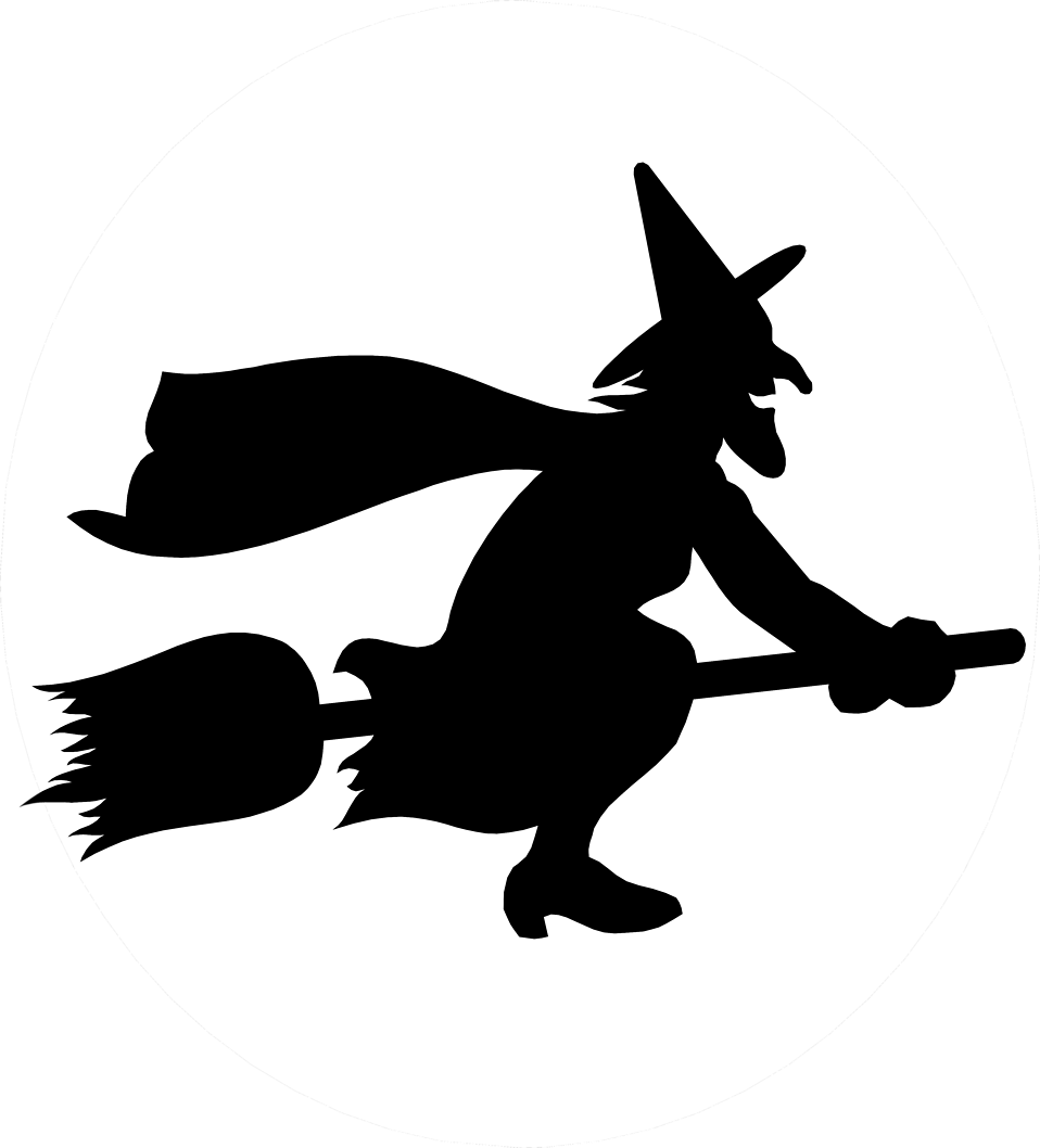 black outline of a witch on a broom