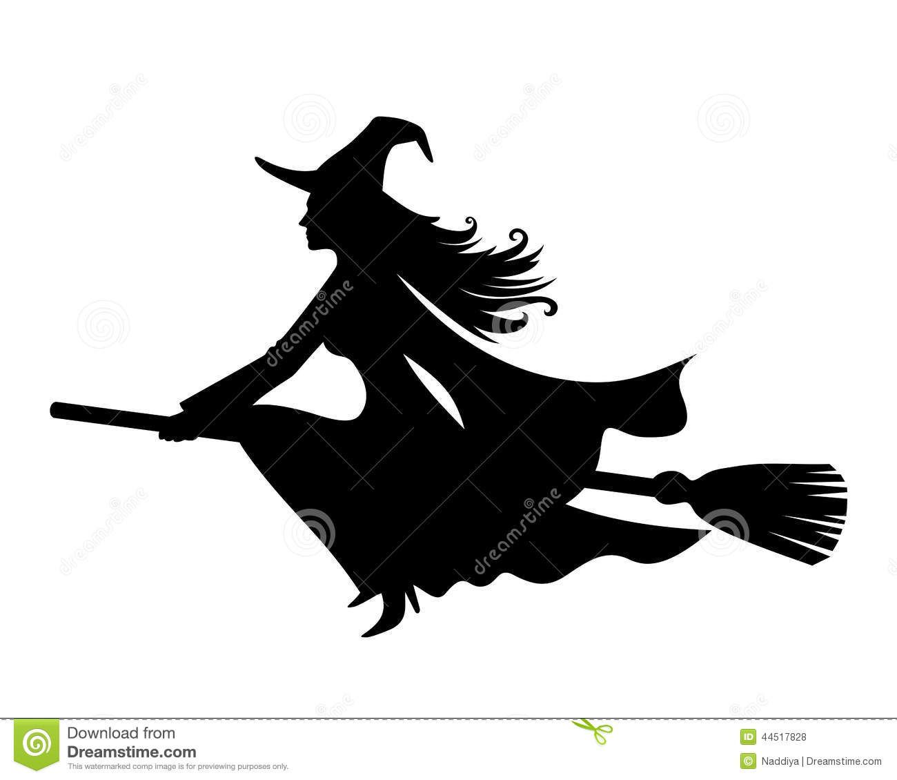 Witch On A Broomstick. Vector Black Silhouette. Stock Vector.