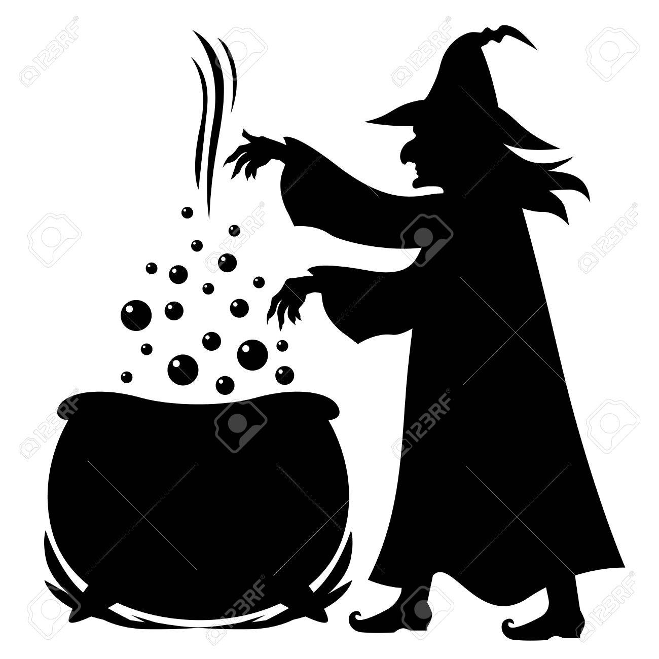 Illustrations of Halloween silhouette Witch brews potion in pot...