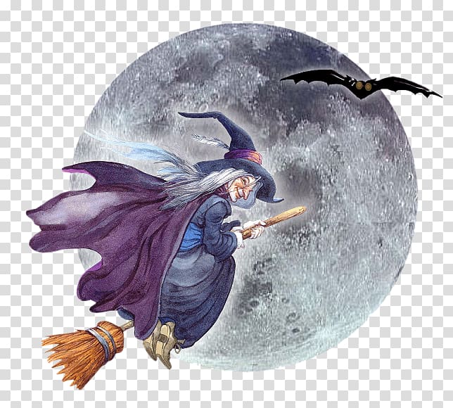 Witch riding stick broom beside bat illustration, Hag.