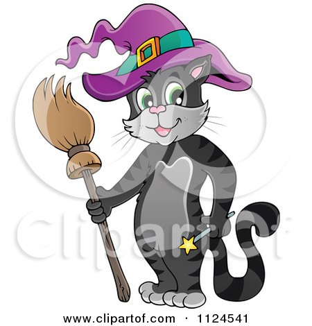 Clipart of a Halloween Witch and Her Cat.