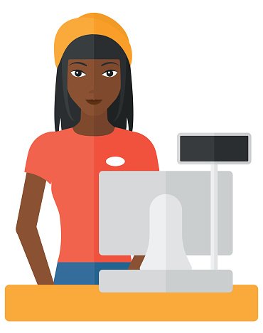 Saleslady standing at checkout Clipart Image.