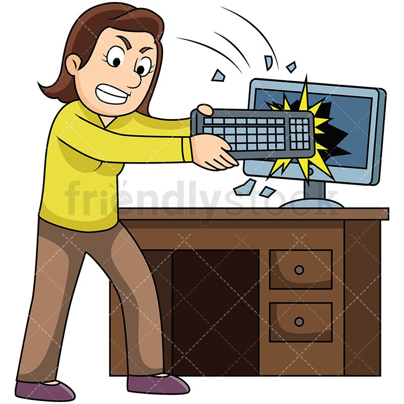 Angry Woman Smashing Computer With Keyboard.