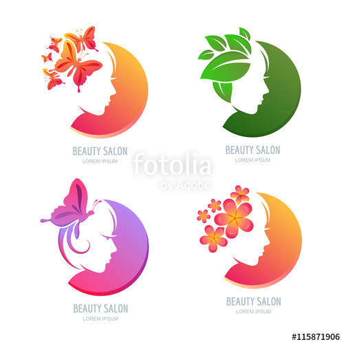Vector beauty logo, label set. Female face in circle shape.