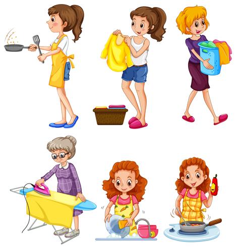 Women doing different chores.