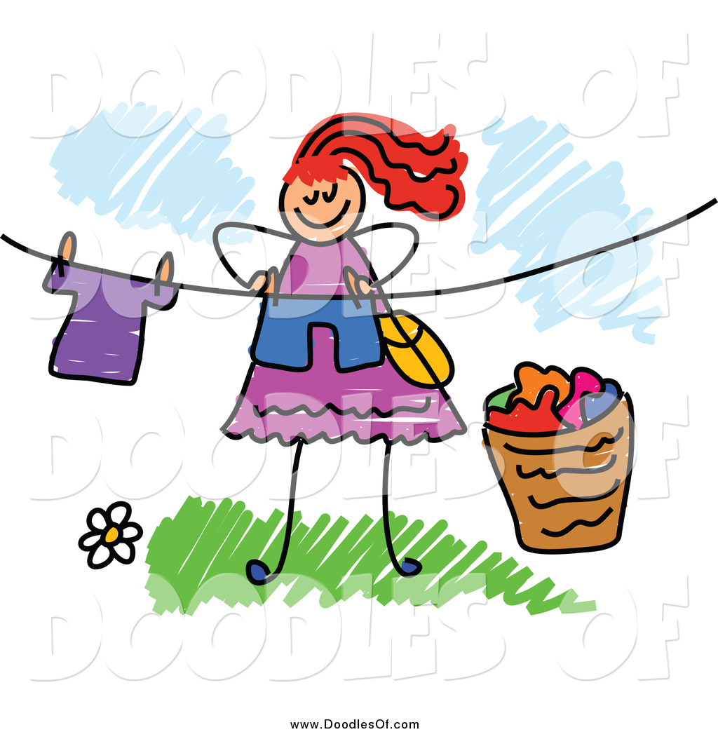 Vector Clipart of a Red Haired Doodled Woman Hanging Laundry.