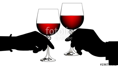 Black silhouettes of man\'s and woman\'s hands clink glasses.