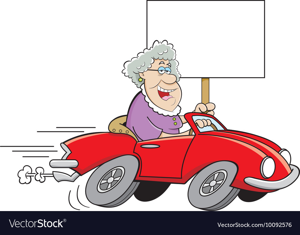 Cartoon Old Lady Driving a Sports Car.