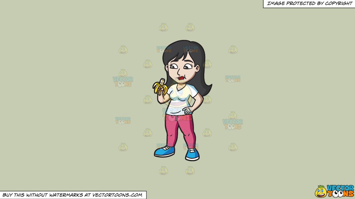 Clipart: A Woman Eating A Banana For Her Snack on a Solid Pale Silver  C6Ccb2 Background.