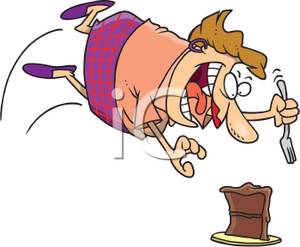 A Cartoon of a Woman Pouncing on a Piece of Chocolate Cake.