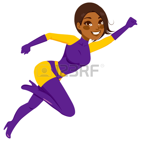 African American Super Hero Woman Fighter Jumping Or Flying Fast.