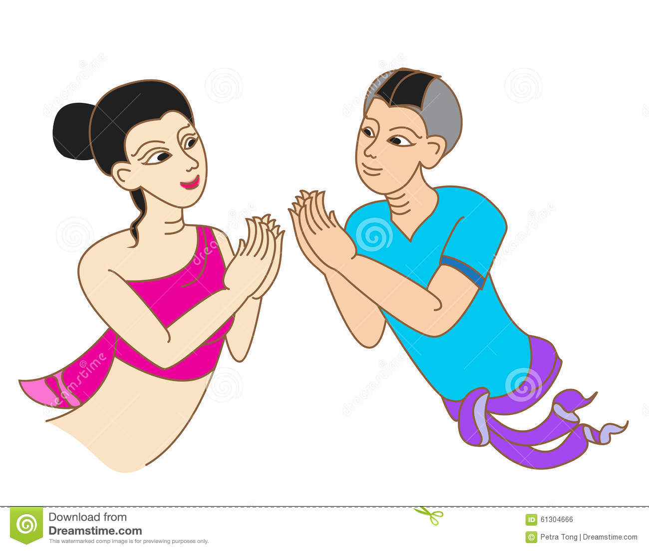 Thai Cartoon, Lady And Man Greeting Character Stock Illustration.