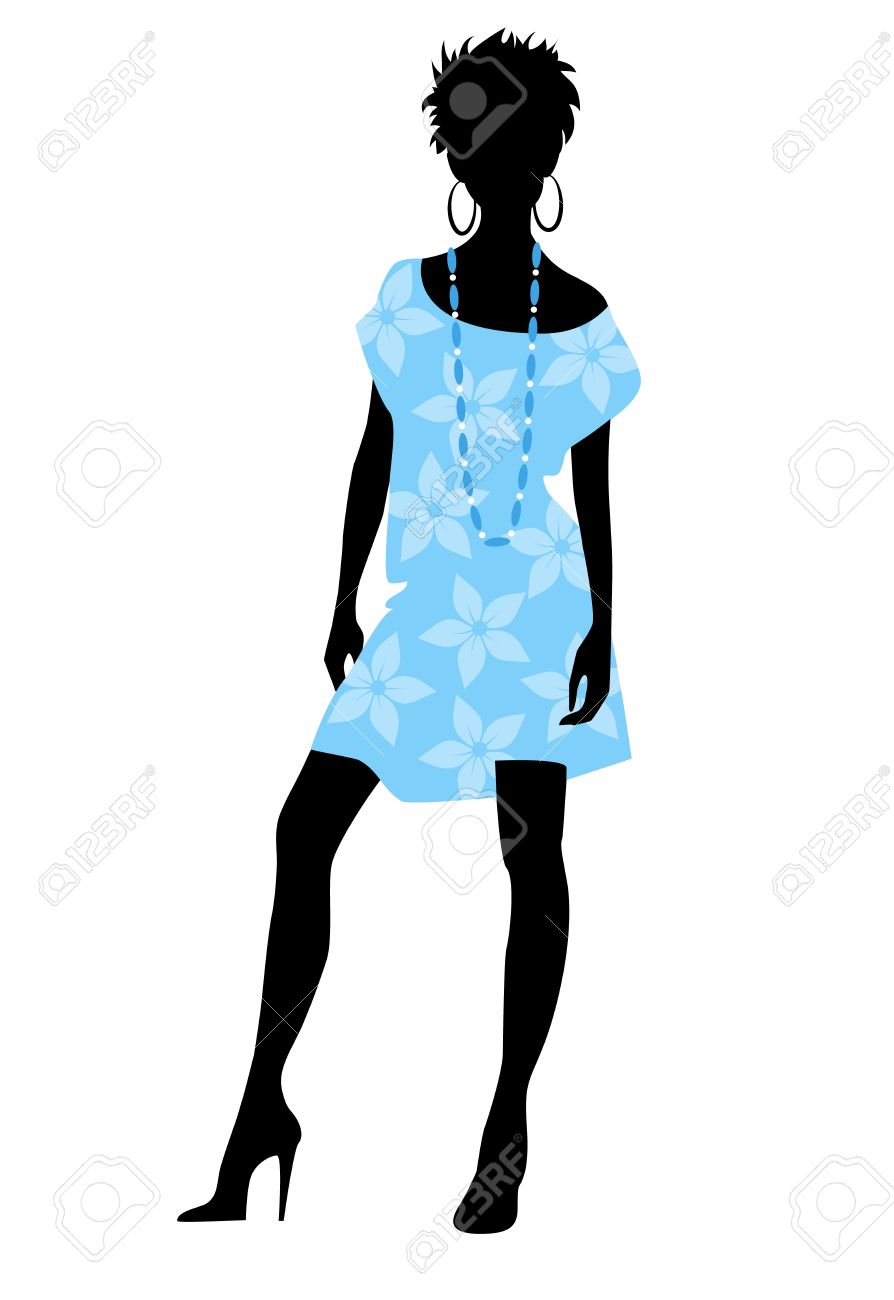Vector Illustration Of A Girl In Blue Dress Silhouette Royalty.
