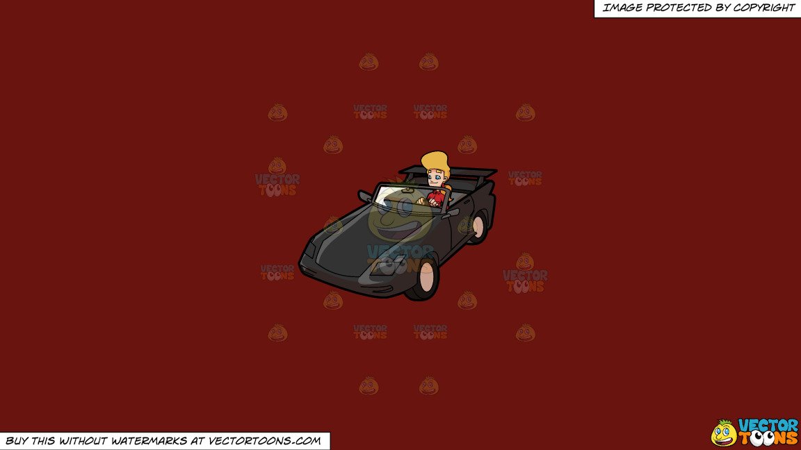 Clipart: A Woman Driving A Luxury Convertible Car on a Solid Maroon 69140E  Background.