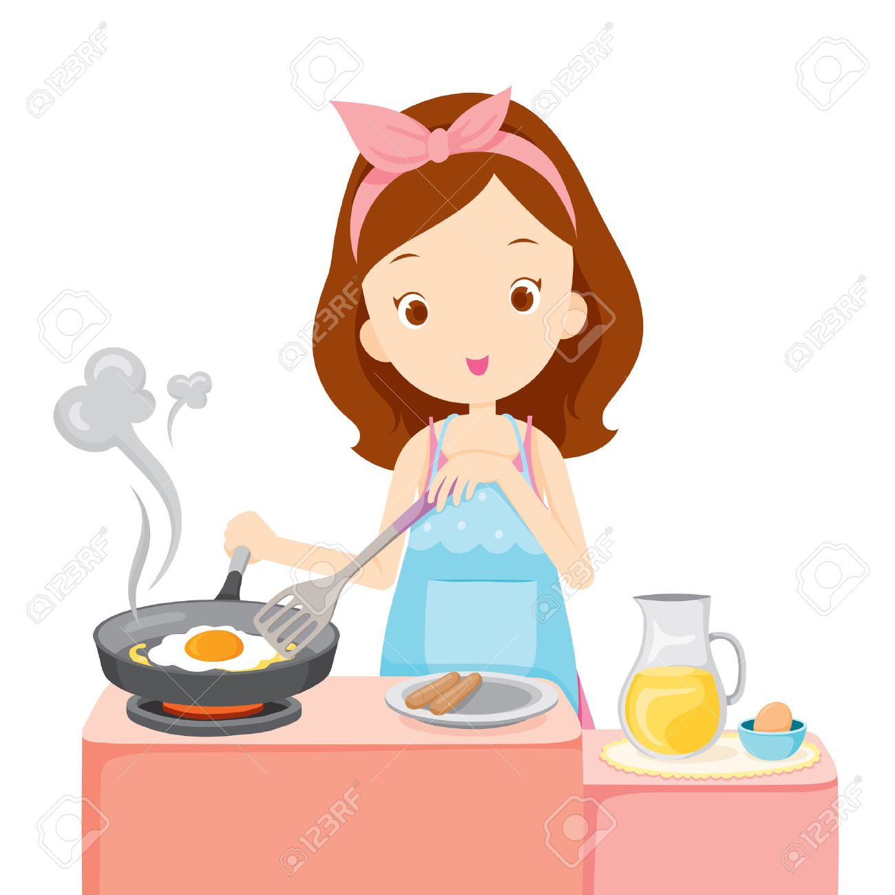 Girl Cooking Fried Egg For Breakfast, Kitchen, Kitchenware, Crockery,...