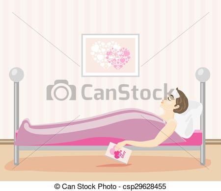 Clipart Vector of Sick woman lying in bed with a book in hand.