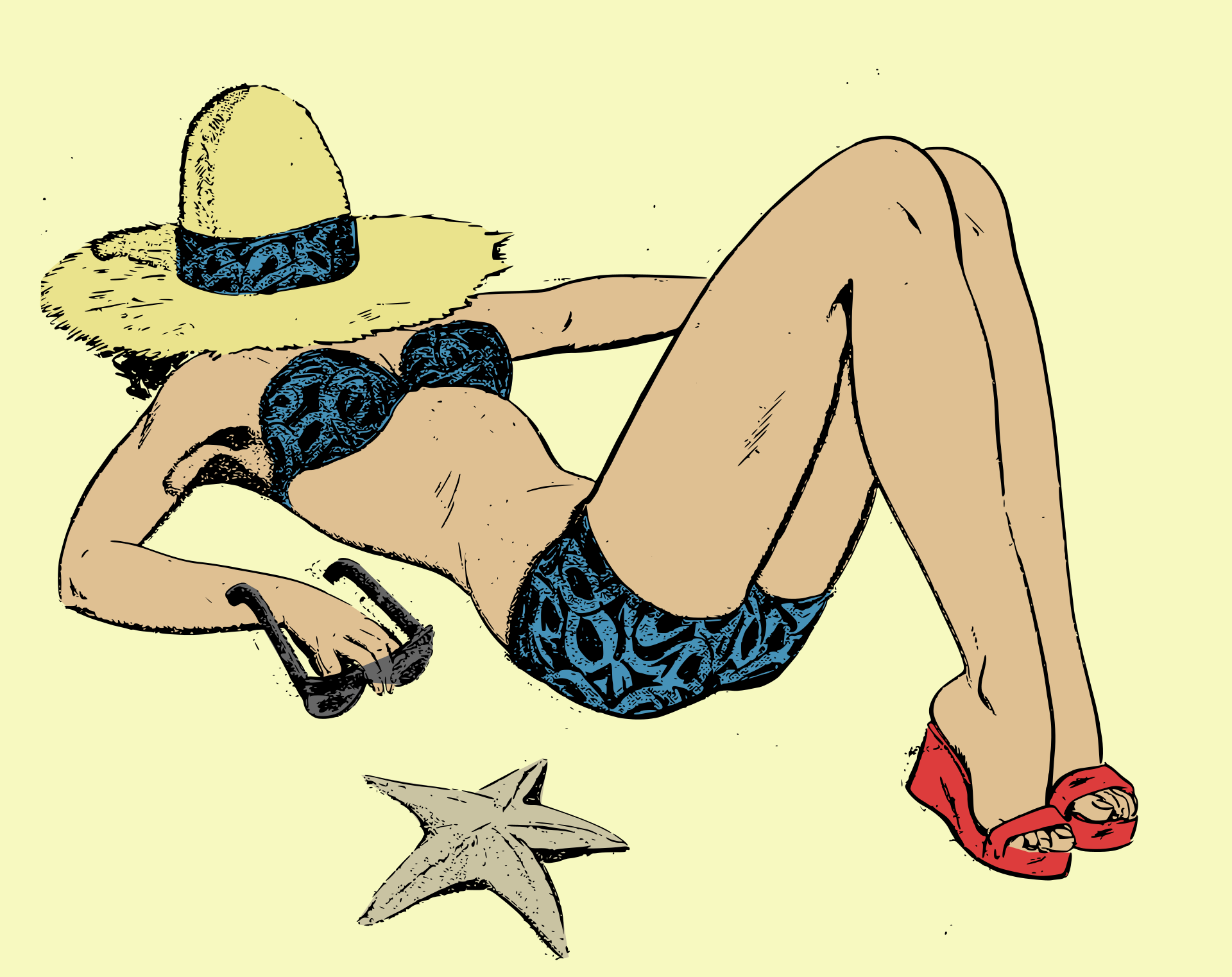 Woman in bikini is lying on the beach clipart free image.