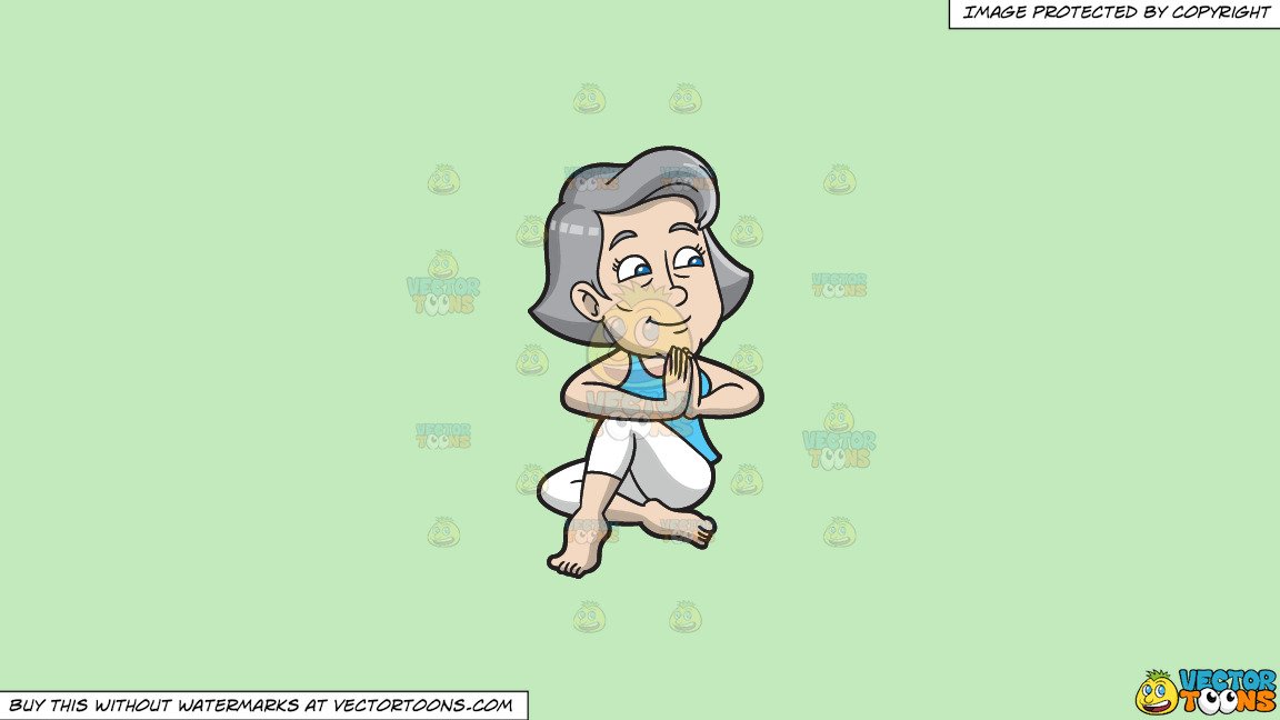 Clipart: A Mature Woman Doing A Half Lotus Twist Variant Pose on a Solid  Tea Green C2Eabd Background.