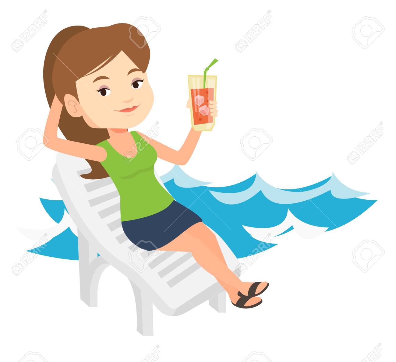 Woman relaxing on beach chair vector illustration..