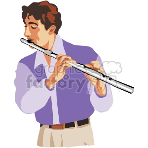 A Man in a Purple Shirt Playing a Flute clipart. Royalty.