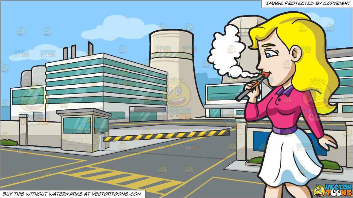 A Hip Woman Inhaling Vape While Walking and A Nuclear Power Plant Background.