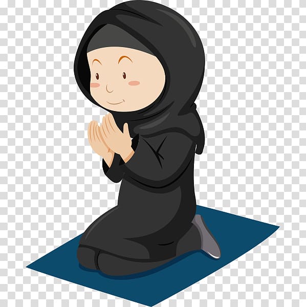 Woman kneeling on mat wearing hijab illustration, Muslim.