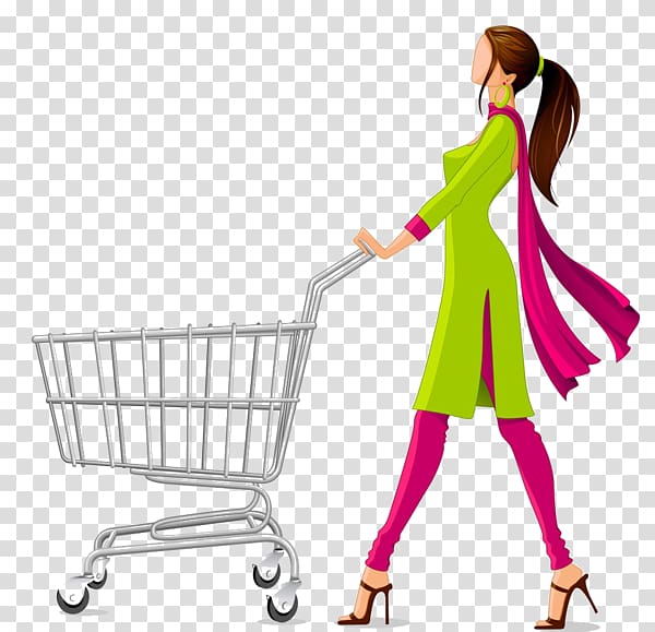 Woman pushing shopping cart illustration, Shopping cart.