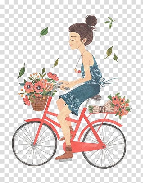 Woman riding bicycle, Watercolor painting Drawing.