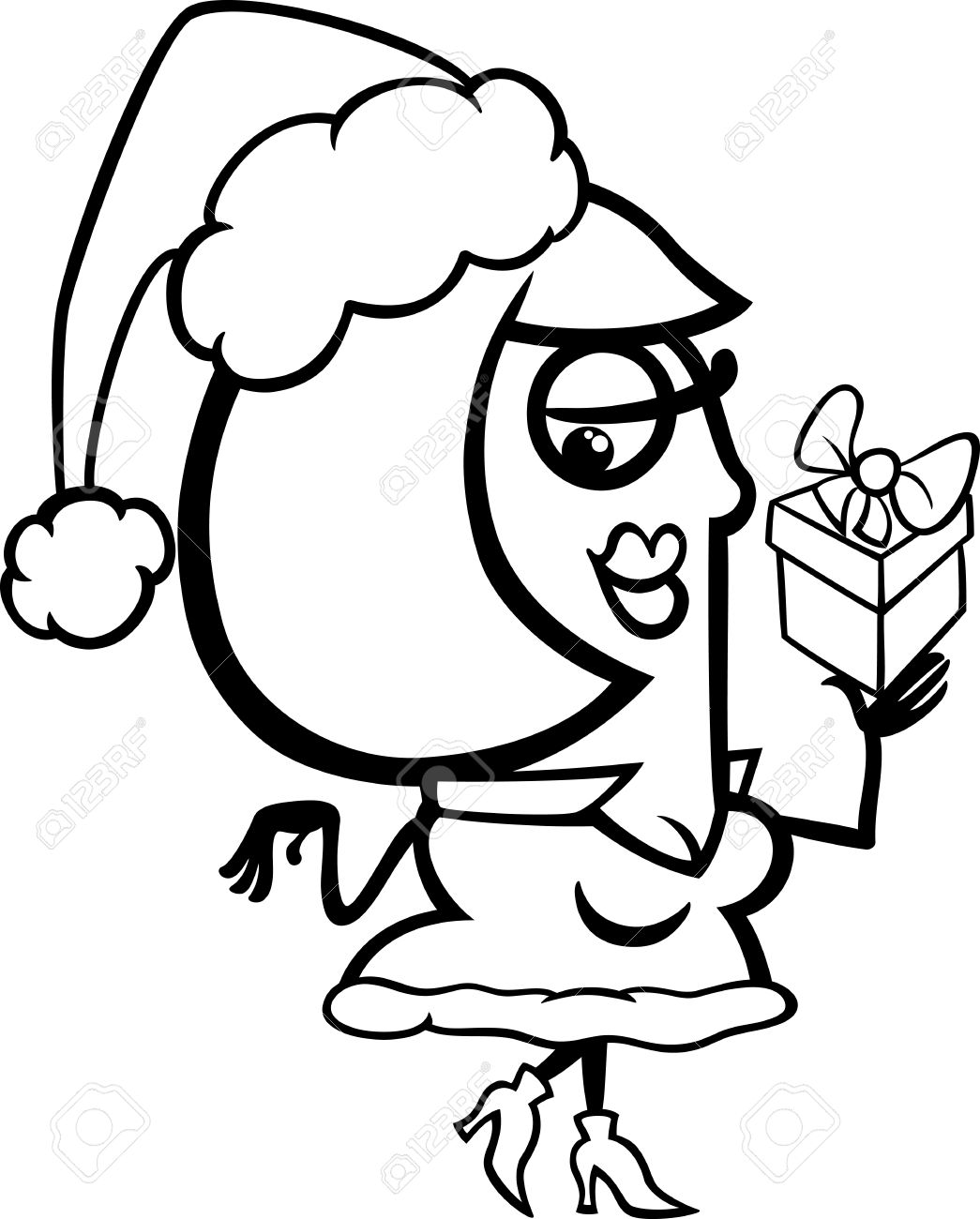 Black And White Cartoon Illustration Of Cute Woman Santa Claus.